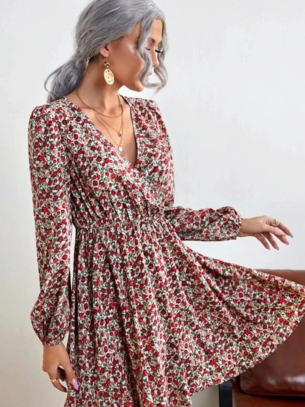 NWOT CHELSEA 28 FLORAL PRINT LONG-SLEEVE CHIFFON MINI DRESS  SMALL